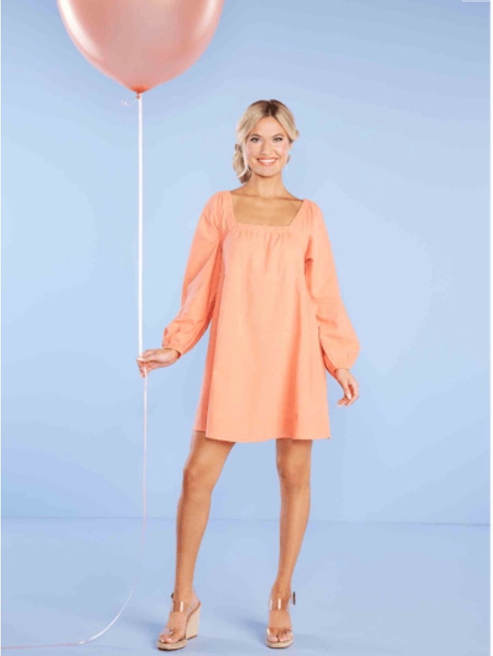 Mud Pie Coral Orange Square-Neck Long Sleeve Dress
